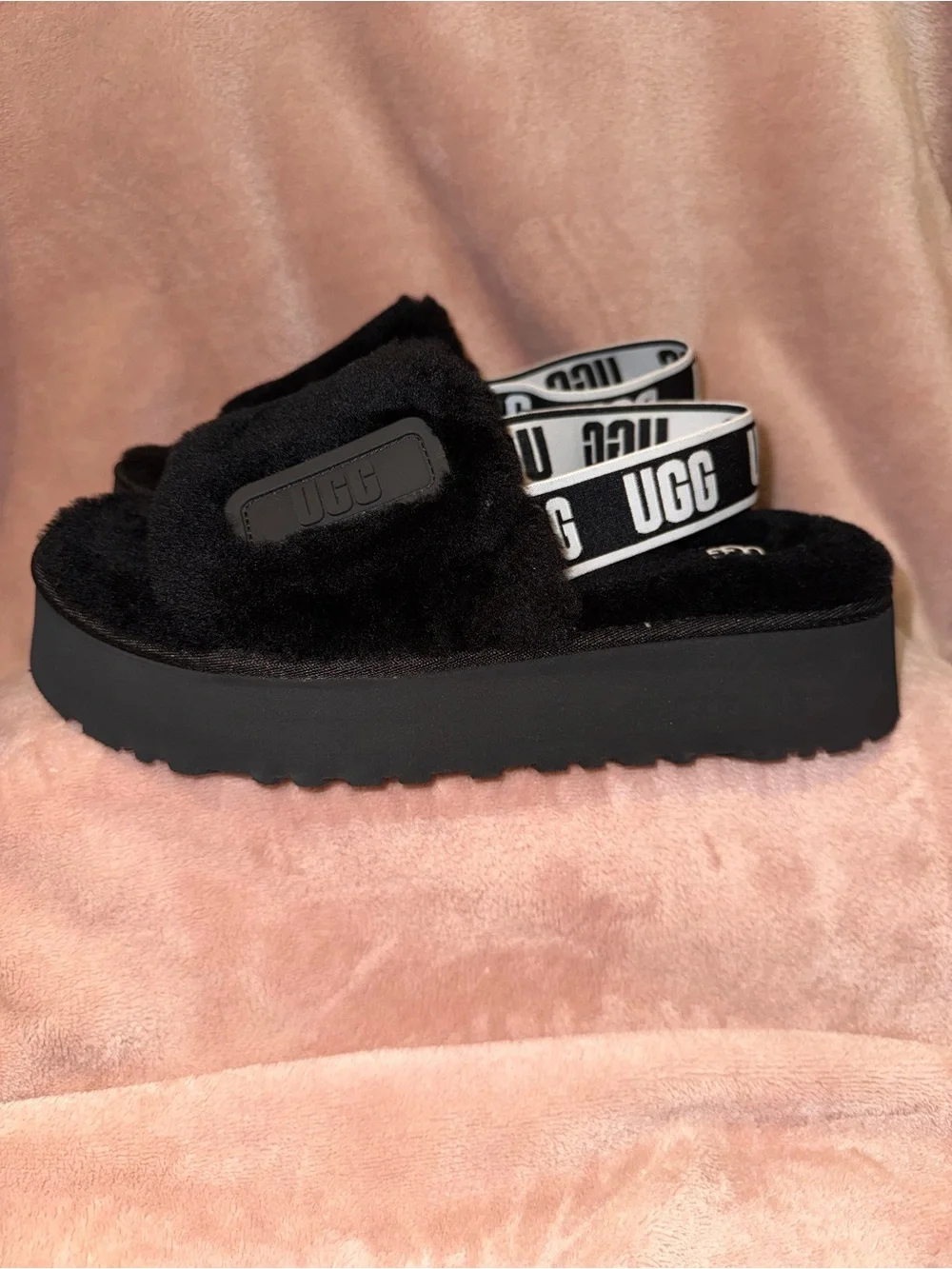 UGG Black Fuzz Platform Slingback Sandals